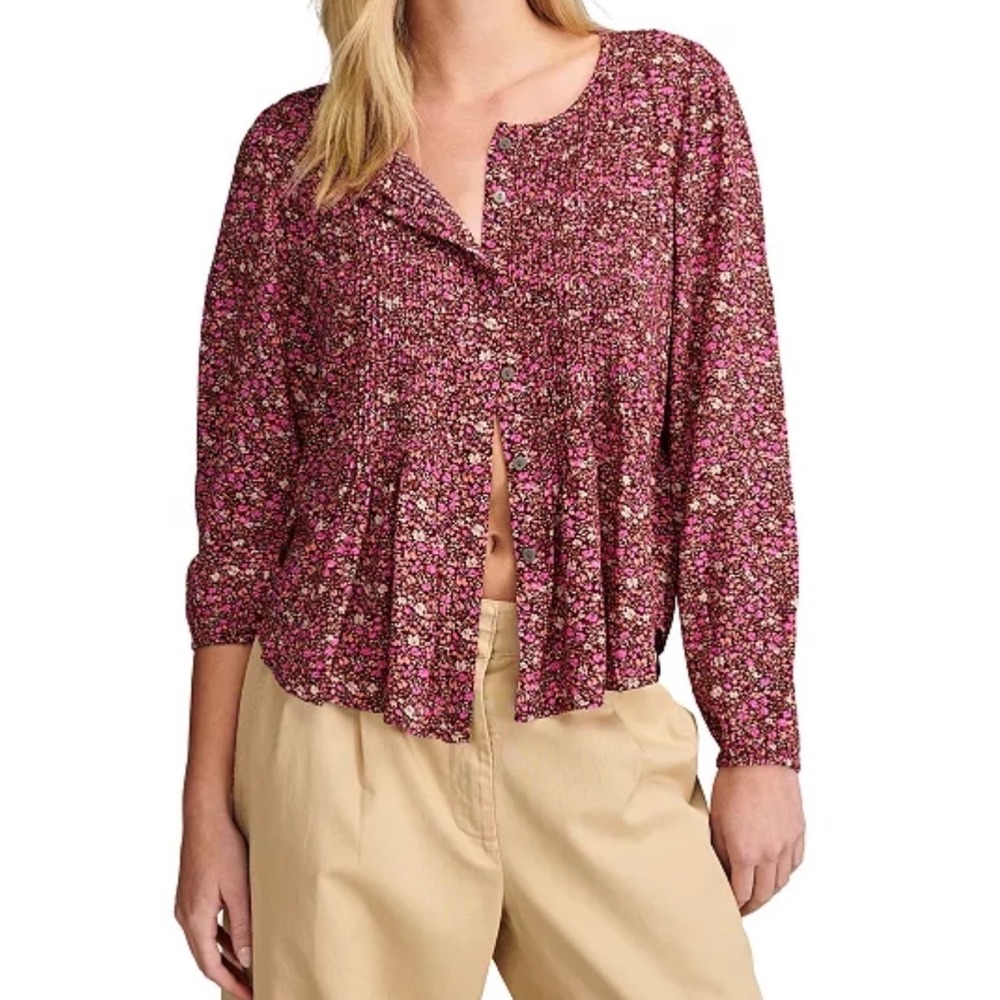 Lucky Brand Shirt‎ Medium Womens Floral Cottagecore Peasant Pin Tucked Button Up
